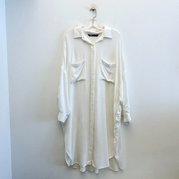 Zara Oversized Collared Shirt Dress with Big Pockets White - Picture 2 of 10